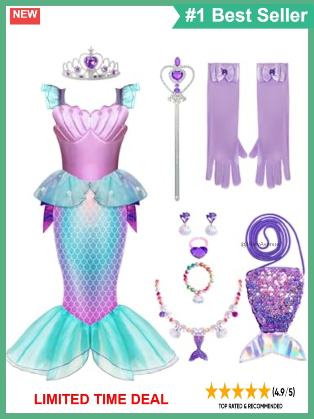 Girls Mermaid Princess Costume Set Polyester Cosplay Birthday Outfit
